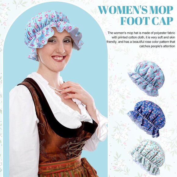 Women Mop Caps 3 Pack Vintage Colonial Maid Nurse Headwear Floral Polyester - Picture 3 of 6